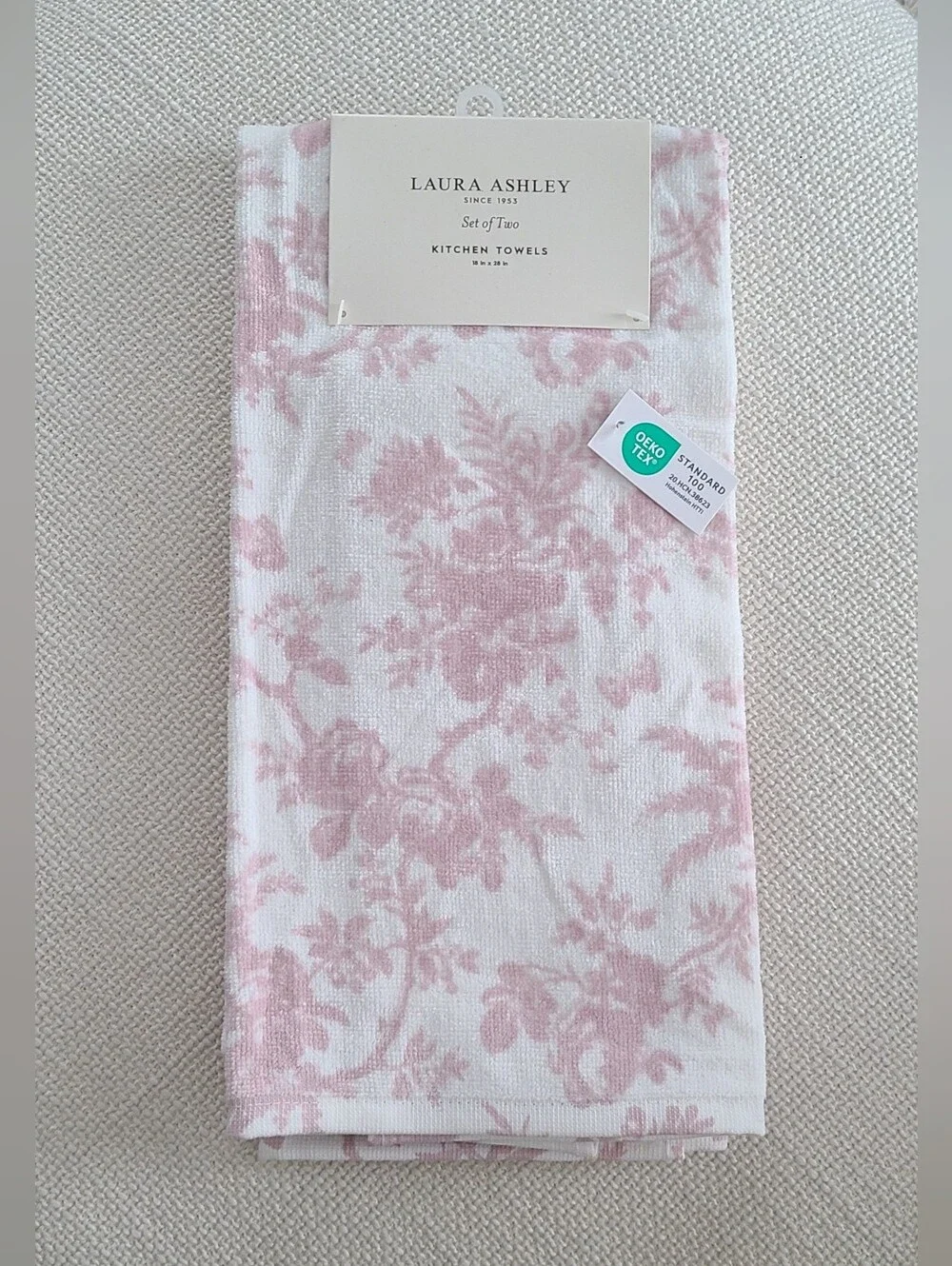Set of 2 Laura Ashley Pink Toile Floral Kitchen Towels